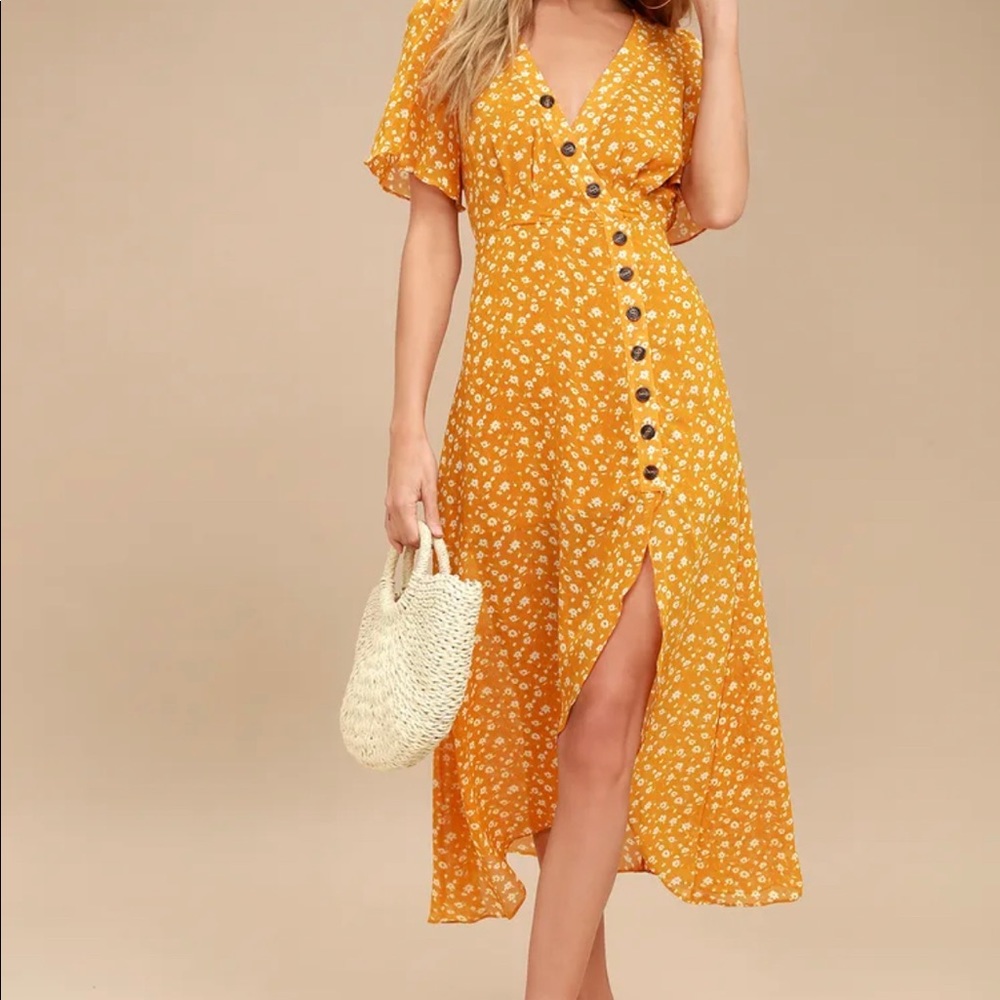 Lulus yellow midi sundress with florals